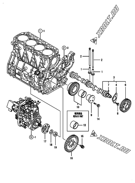  Распредвал и приводная шестерня двигателя Yanmar 4TNV98-ZVIK
