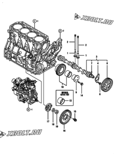  Двигатель Yanmar 4TNV98-WHB, узел -  Распредвал и приводная шестерня 