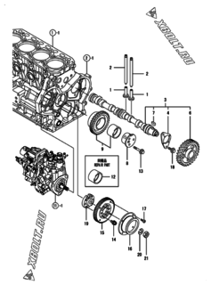  Двигатель Yanmar 4TNV88-SMRE, узел -  Распредвал и приводная шестерня 