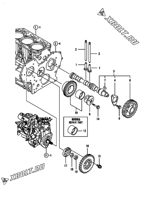  Распредвал и приводная шестерня двигателя Yanmar 3TNV88-BPTS