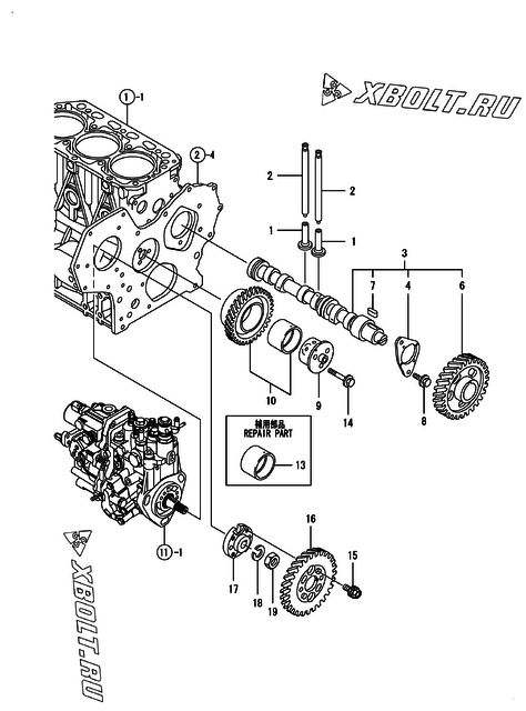  Распредвал и приводная шестерня двигателя Yanmar 3TNV88-BPMB