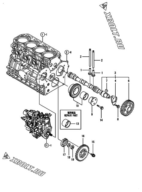  Распредвал и приводная шестерня двигателя Yanmar 4TNV88-PHB