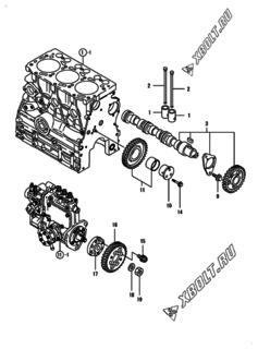  Двигатель Yanmar 3TNV76-HGB2BT, узел -  Распредвал и приводная шестерня 