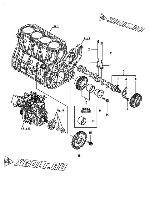  Распредвал и приводная шестерня двигателя Yanmar 4TNV98T-ZGNE1