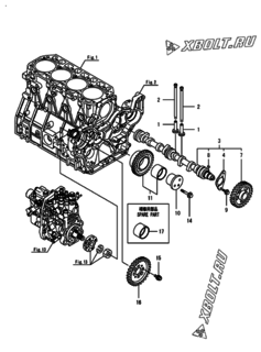  Двигатель Yanmar 4TNV98T-SIK, узел -  Распредвал и приводная шестерня 