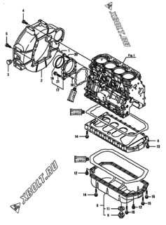  Двигатель Yanmar 4TNV88-BNFK, узел -  Маховик с кожухом и масляным картером 