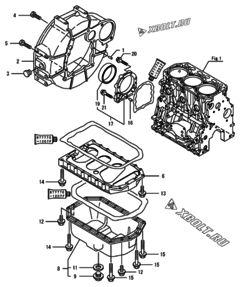  Двигатель Yanmar 3TNV88F-ESIK, узел -  Маховик с кожухом и масляным картером 