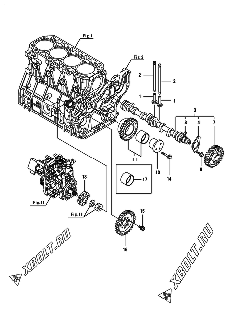  Распредвал и приводная шестерня двигателя Yanmar 4TNV98-ZXVHBW