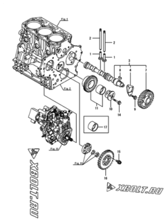  Двигатель Yanmar 3TNV88F-EPYB, узел -  Распредвал и приводная шестерня 
