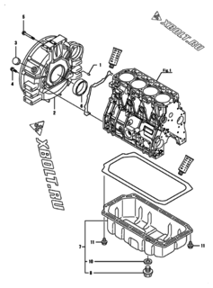  Двигатель Yanmar 4TNV94L-BVDBC, узел -  Маховик с кожухом и масляным картером 