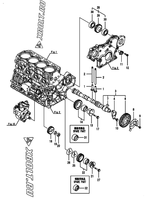  Распредвал и приводная шестерня двигателя Yanmar 4TNV88C-KKTF