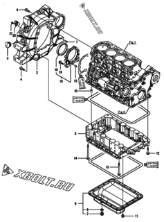  Двигатель Yanmar 4TNV86CT-KKTF, узел -  Маховик с кожухом и масляным картером 