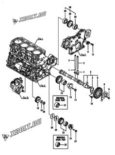  Двигатель Yanmar 4TNV86CT-KKTF, узел -  Распредвал и приводная шестерня 