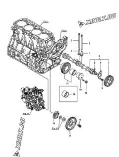  Двигатель Yanmar 4TNV94L-SYUC, узел -  Распредвал и приводная шестерня 
