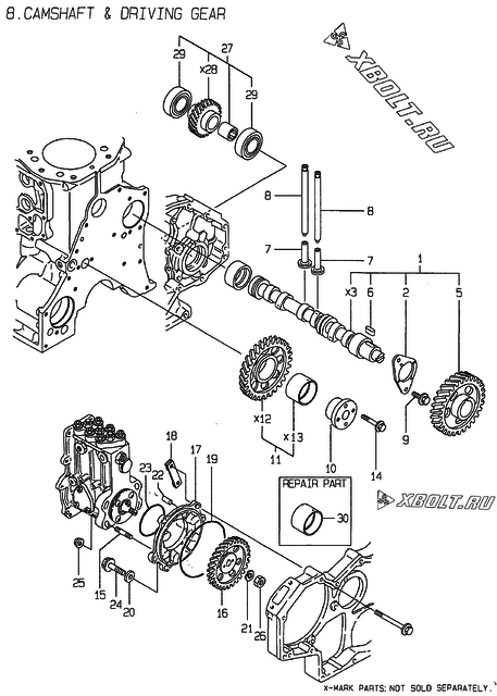  Распредвал и приводная шестерня двигателя Yanmar 3TN100E-DWS