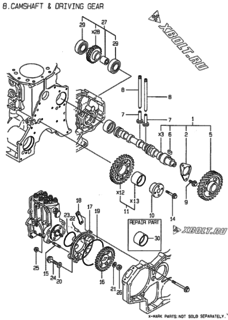  Двигатель Yanmar 3TN100E-DWS, узел -  Распредвал и приводная шестерня 