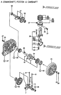  Двигатель Yanmar L40AE-DVR, узел -  Коленвал, поршень и распредвал 