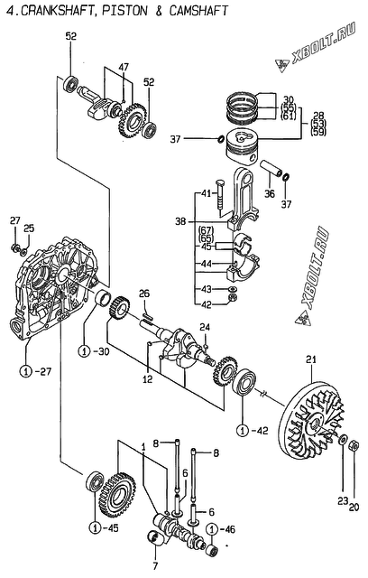  Коленвал, поршень и распредвал двигателя Yanmar L40AE-DVR