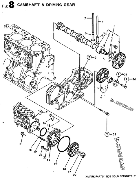  Распредвал и приводная шестерня двигателя Yanmar 4TN100E-SD1