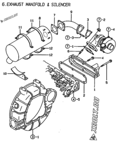 Двигатель Yanmar 3TN100TE-NS, узел -  Выпускной коллектор и глушитель 