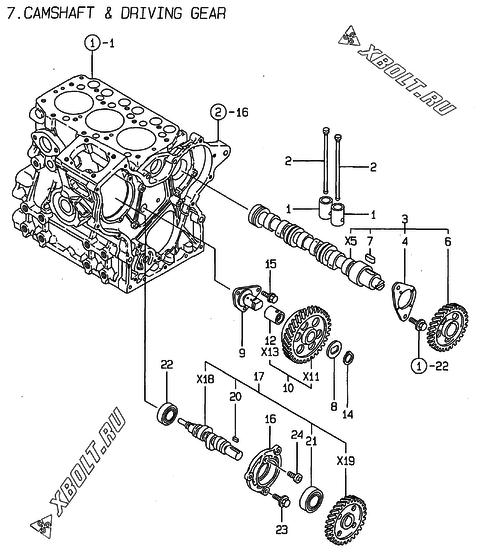  Распредвал и приводная шестерня двигателя Yanmar 3TNE68-ADCL