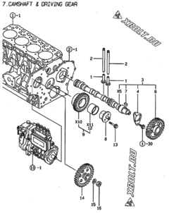  Двигатель Yanmar 4TNE84-ADCL, узел -  Распредвал и приводная шестерня 