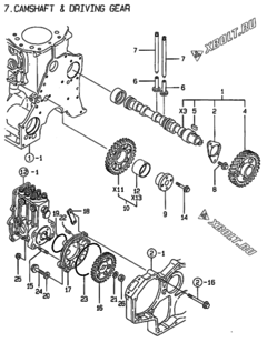  Двигатель Yanmar 3TN100E-ACG, узел -  Распредвал и приводная шестерня 