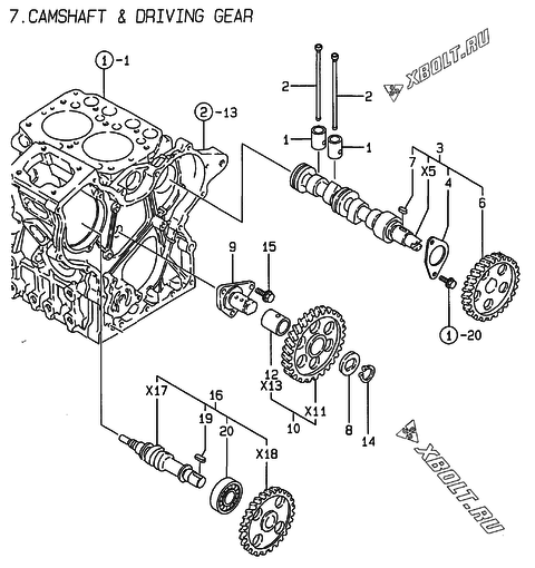  Распредвал и приводная шестерня двигателя Yanmar 2TN66E-DB