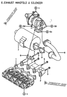  Двигатель Yanmar 4TNE84T-NS, узел -  Выпускной коллектор и глушитель 