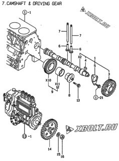  Двигатель Yanmar 4TNE84T-NS, узел -  Распредвал и приводная шестерня 