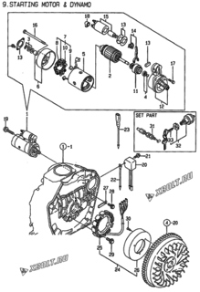  Двигатель Yanmar L100ACE-DEG6, узел -  Стартер и генератор 