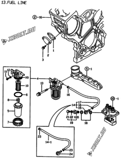  Двигатель Yanmar 3TNE68C-KM, узел -  Топливопровод 