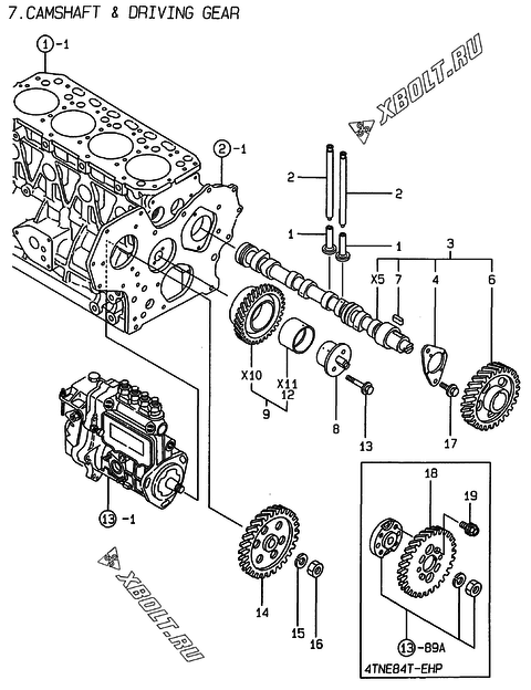  Распредвал и приводная шестерня двигателя Yanmar 4TNE84T-EHP