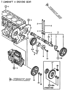  Двигатель Yanmar 4TNE84-DS, узел -  Распредвал и приводная шестерня 
