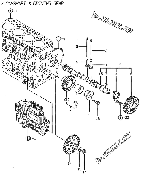  Распредвал и приводная шестерня двигателя Yanmar 4TNE84-MS