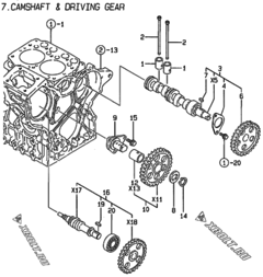  Двигатель Yanmar 2TNE68-DM, узел -  Распредвал и приводная шестерня 
