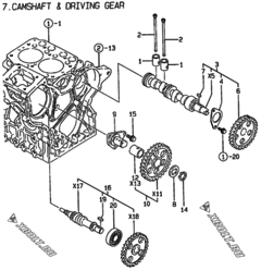  Двигатель Yanmar 2TNE68-BL, узел -  Распредвал и приводная шестерня 