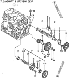  Двигатель Yanmar 3TNE74-AF, узел -  Распредвал и приводная шестерня 