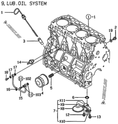  Двигатель Yanmar 4TNE94-HLB, узел -  Система смазки 