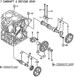  Двигатель Yanmar 2TNE68-DB, узел -  Распредвал и приводная шестерня 