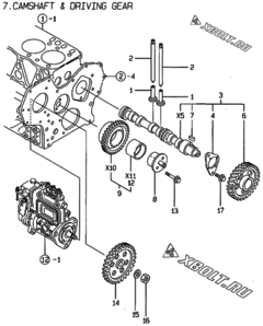  Двигатель Yanmar 3TNE88-PG, узел -  Распредвал и приводная шестерня 