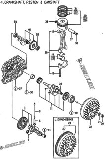 Двигатель Yanmar L100AE-DEGMS, узел -  Коленвал, поршень и распредвал 