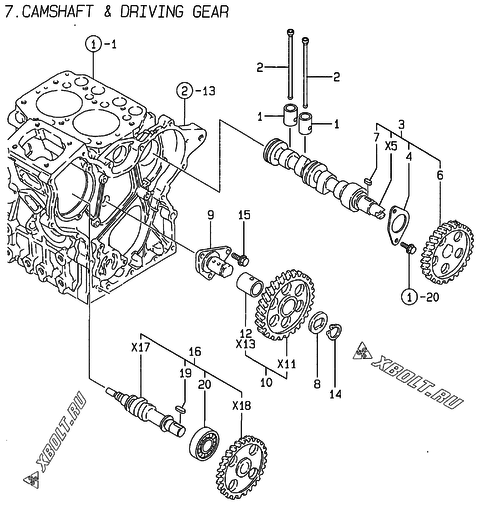  Распредвал и приводная шестерня двигателя Yanmar 2TNE68-LW