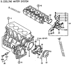  Двигатель Yanmar 4TNE98-KM, узел -  Система водяного охлаждения 