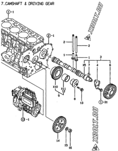 Двигатель Yanmar 4TNE84T-KRV, узел -  Распредвал и приводная шестерня 