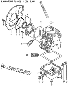  Двигатель Yanmar 2TNE68C-BG, узел -  Крепежный фланец и масляный картер 