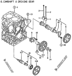  Двигатель Yanmar 2TNE68C-BG, узел -  Распредвал и приводная шестерня 