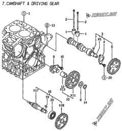  Двигатель Yanmar 2TNE68-HG, узел -  Распредвал и приводная шестерня 