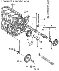  Двигатель Yanmar 4TNE94-HYB, узел -  Распредвал и приводная шестерня 