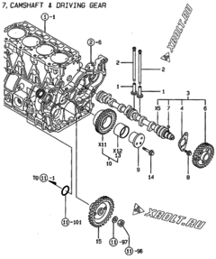  Двигатель Yanmar 4TNE94-SF, узел -  Распредвал и приводная шестерня 